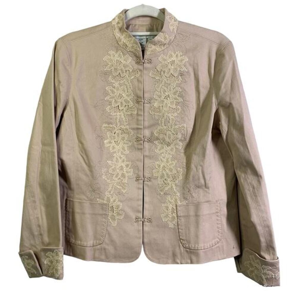 COLDWATER CREEK Jacket‎ Mandarin Collar Lace Applique Hook & Eye Closure NWT